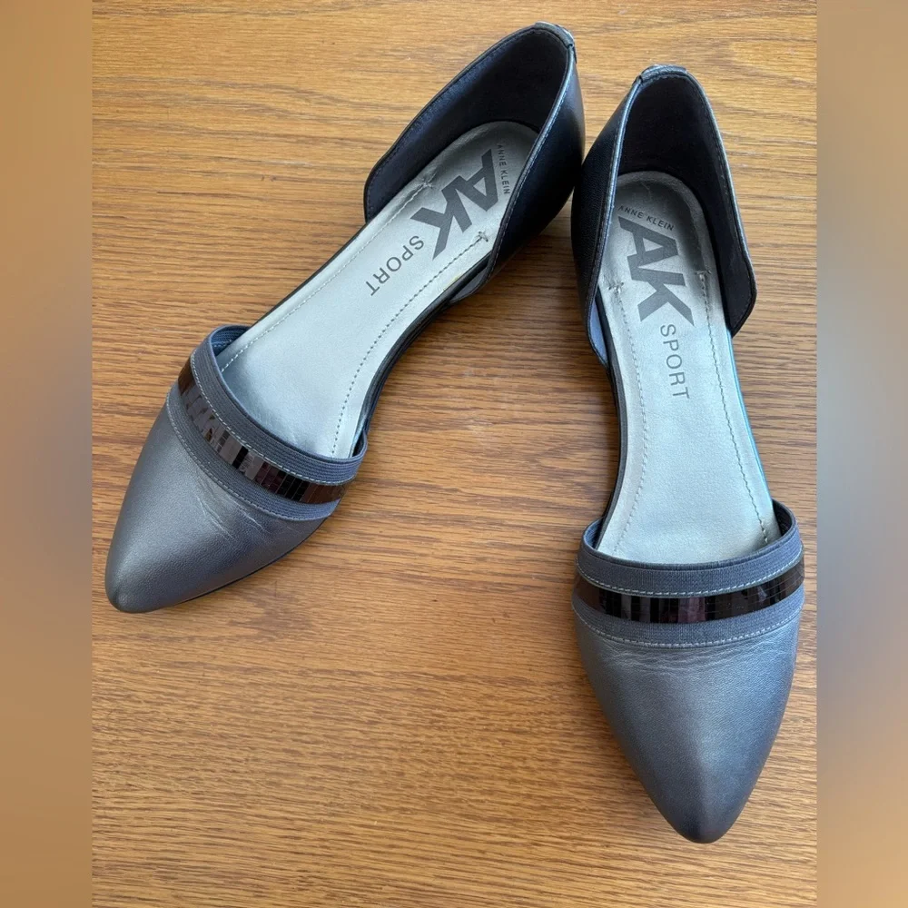 Anne Klein Sport Onmyway d’Orsay Pewter Leather Metallic Pointed Toe Flats, 8